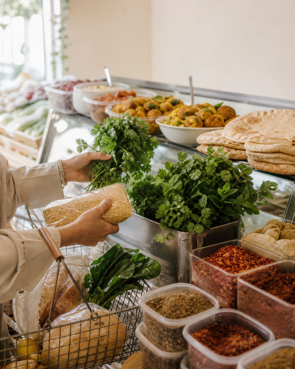A shopper selecting fresh ingredients at an independent halal market.